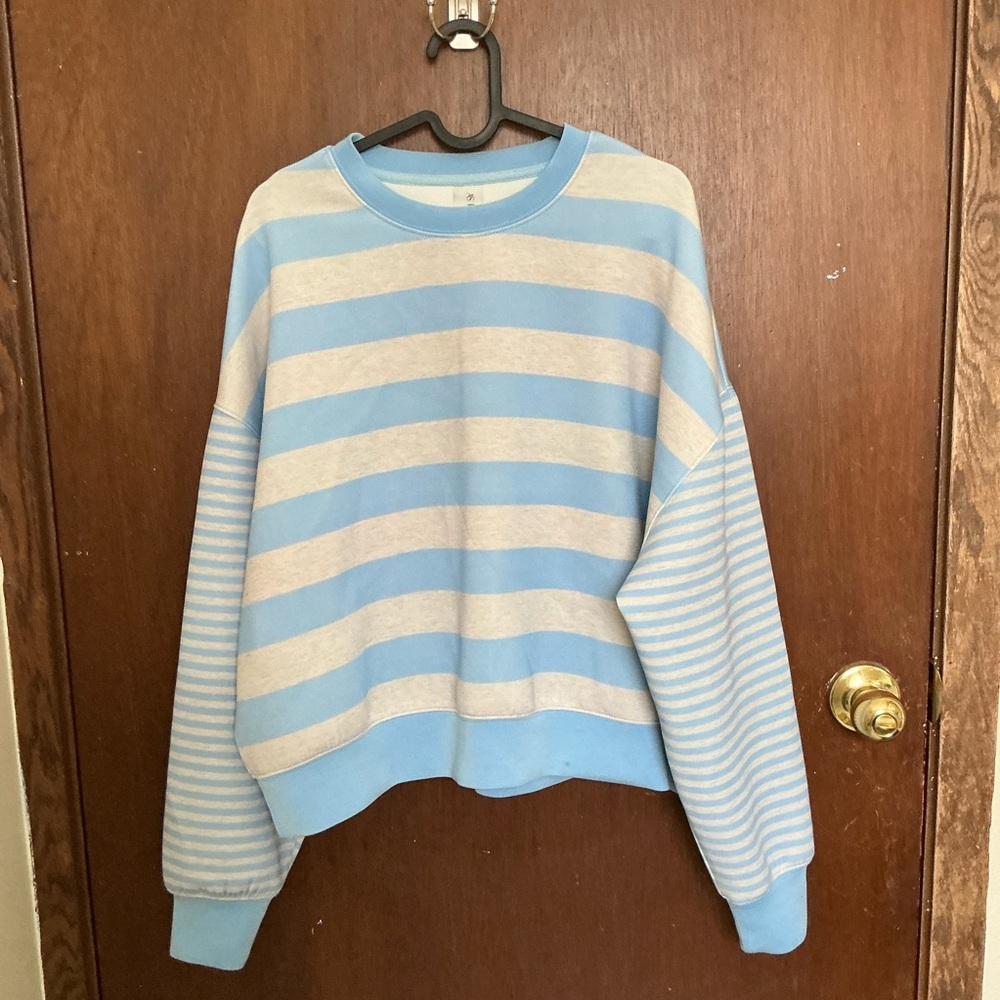 Sky Blue and Light Gray Striped Women's Crew Neck Sweater